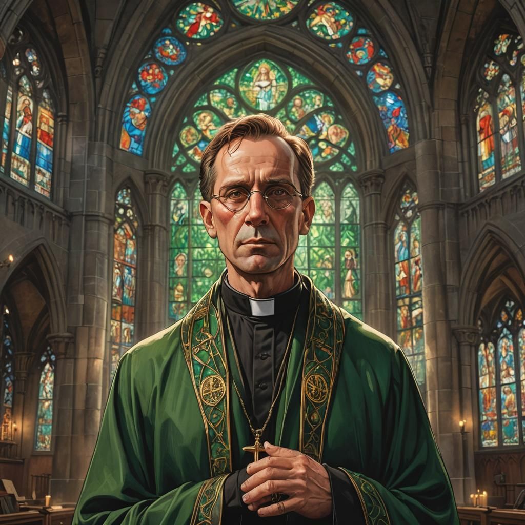 Priest with Suspicious Look, Comic Book Art Style