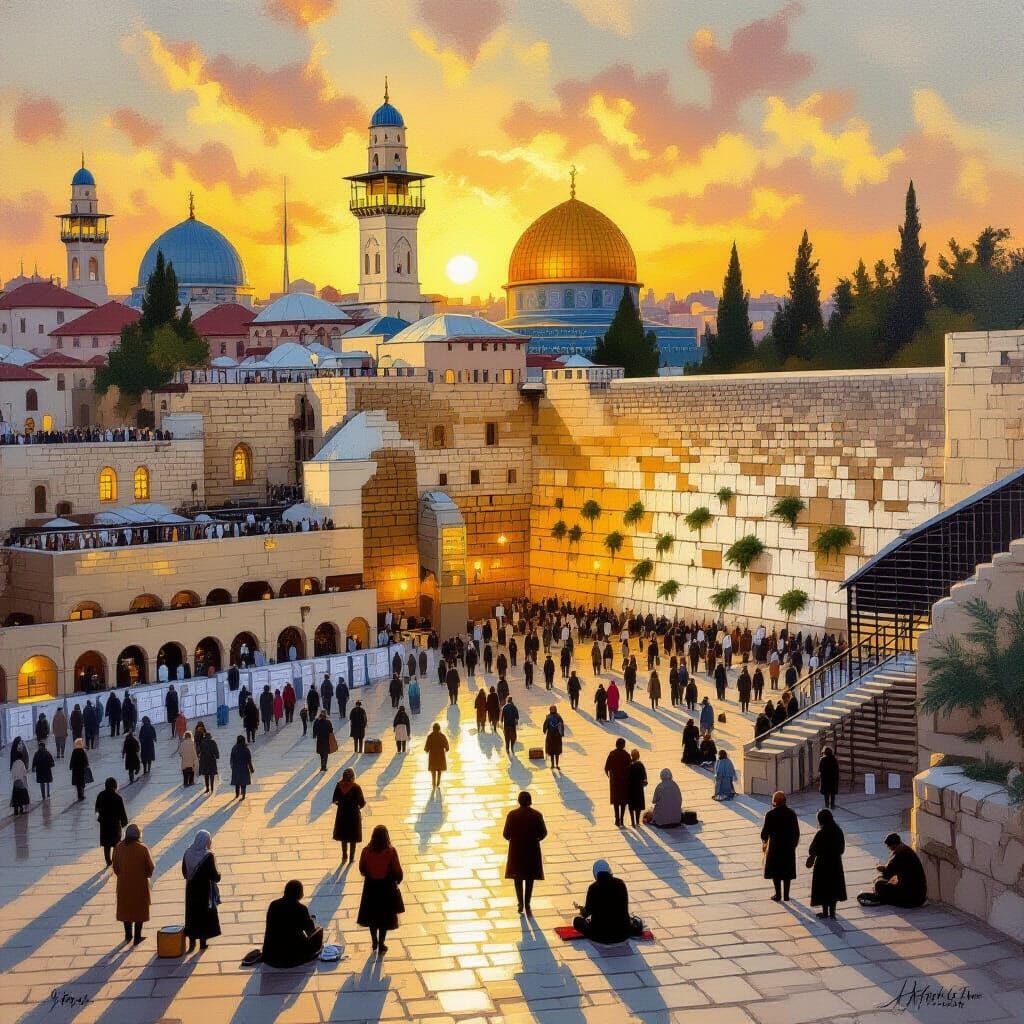 Golden Light on the Western Wall: Oil Painting