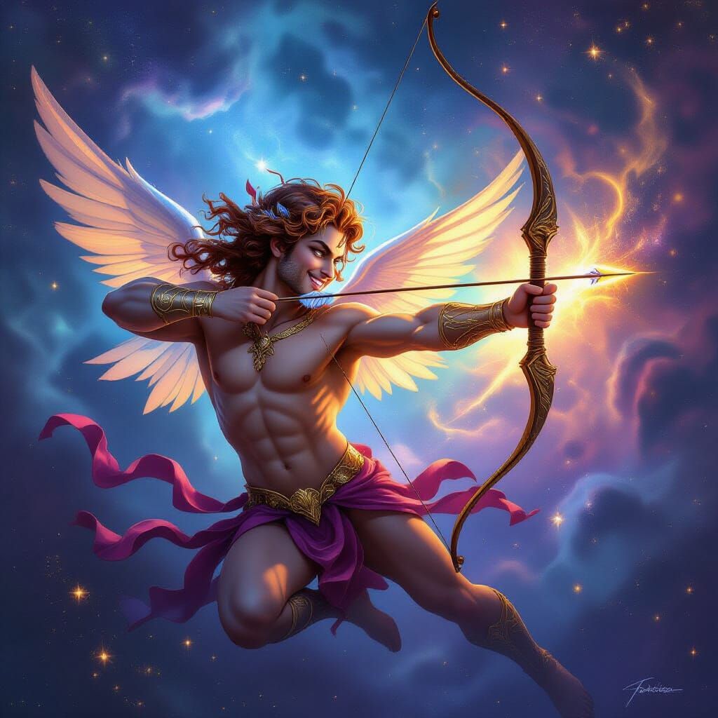 Eros the Cupid Aiming Bow in Cosmic Nebula