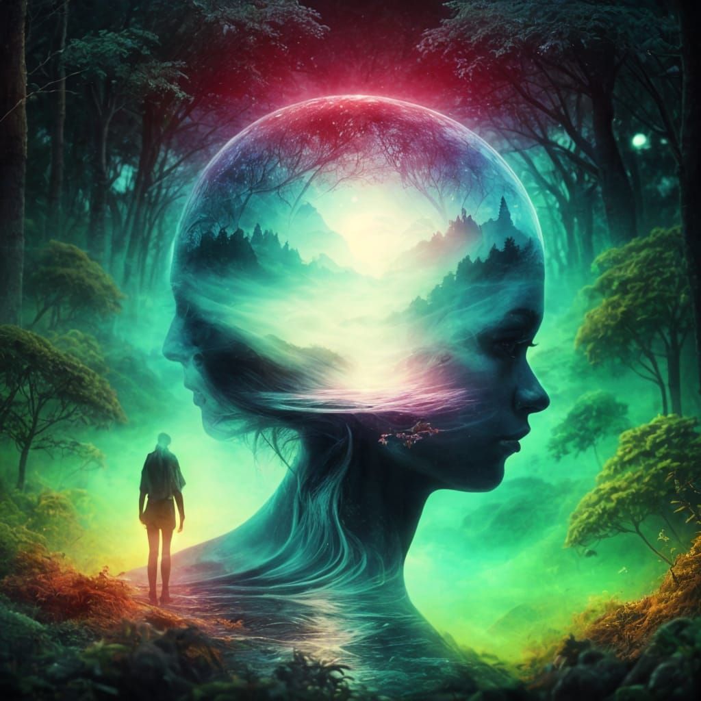 Surreal Double Exposure: Head and Forest Fusion