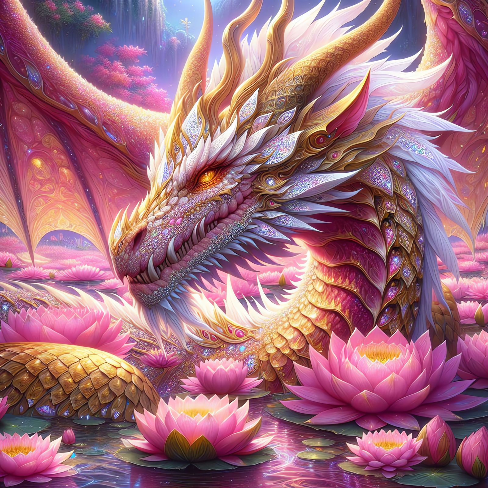 Dragon in Lotus Lake: Epic Fantasy Digital Painting