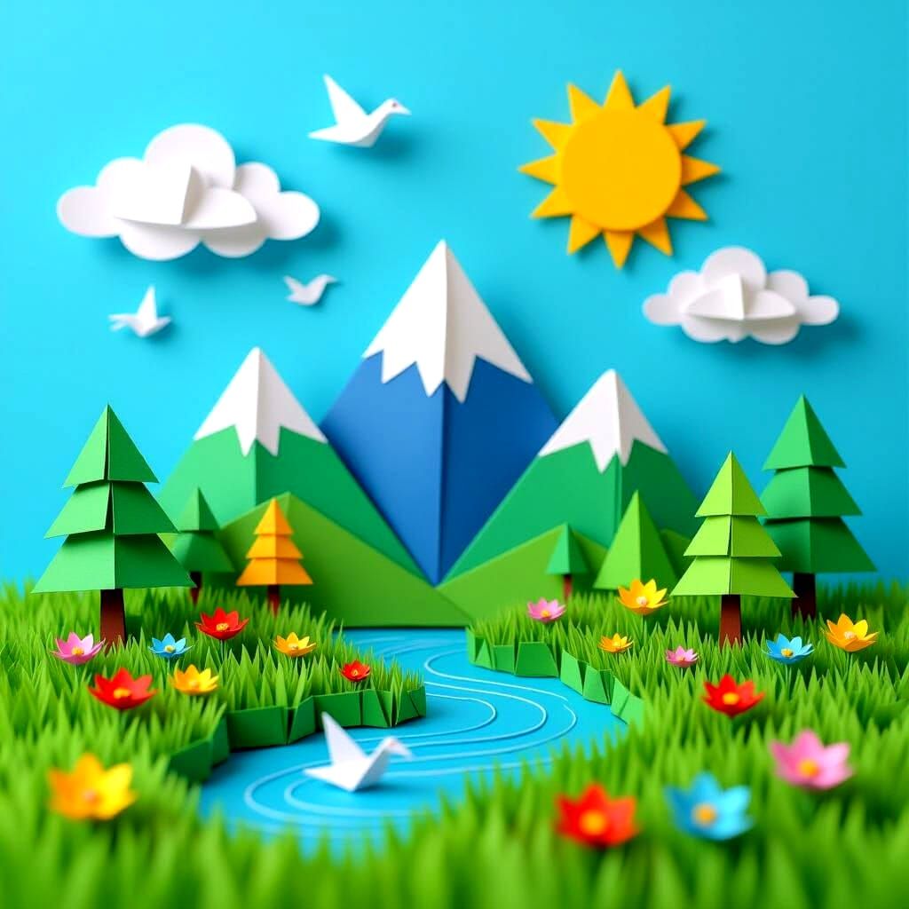 Origami Landscape with Mountains and Blue Sky