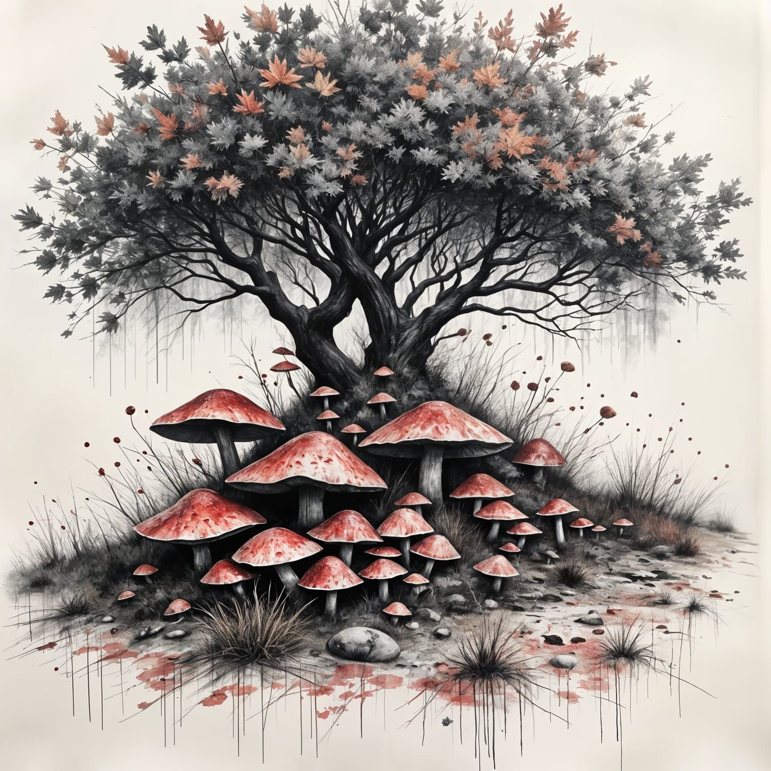 Charcoal Sketch of Pink Camouflage Mushrooms in a Stormy Lan...