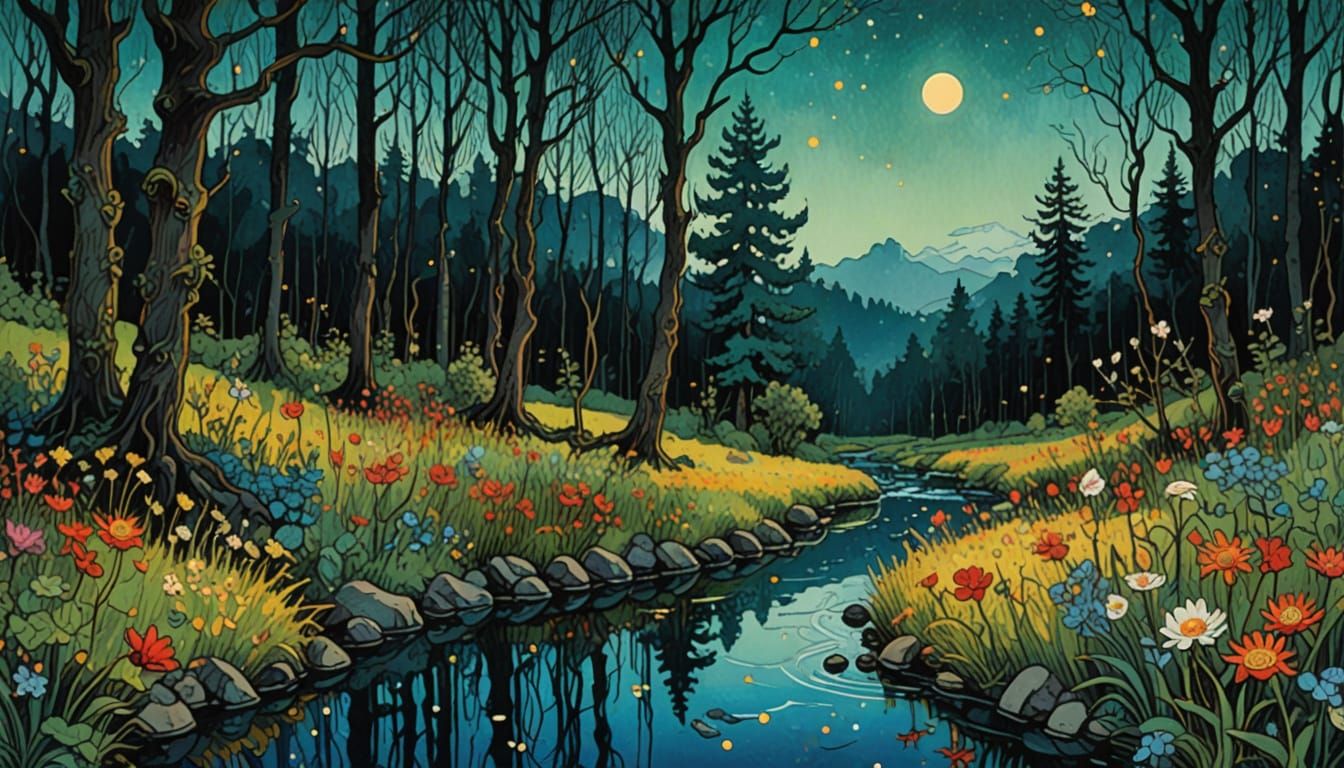 Enchanting Forest Nightscape with Vibrant Flora and Fauna