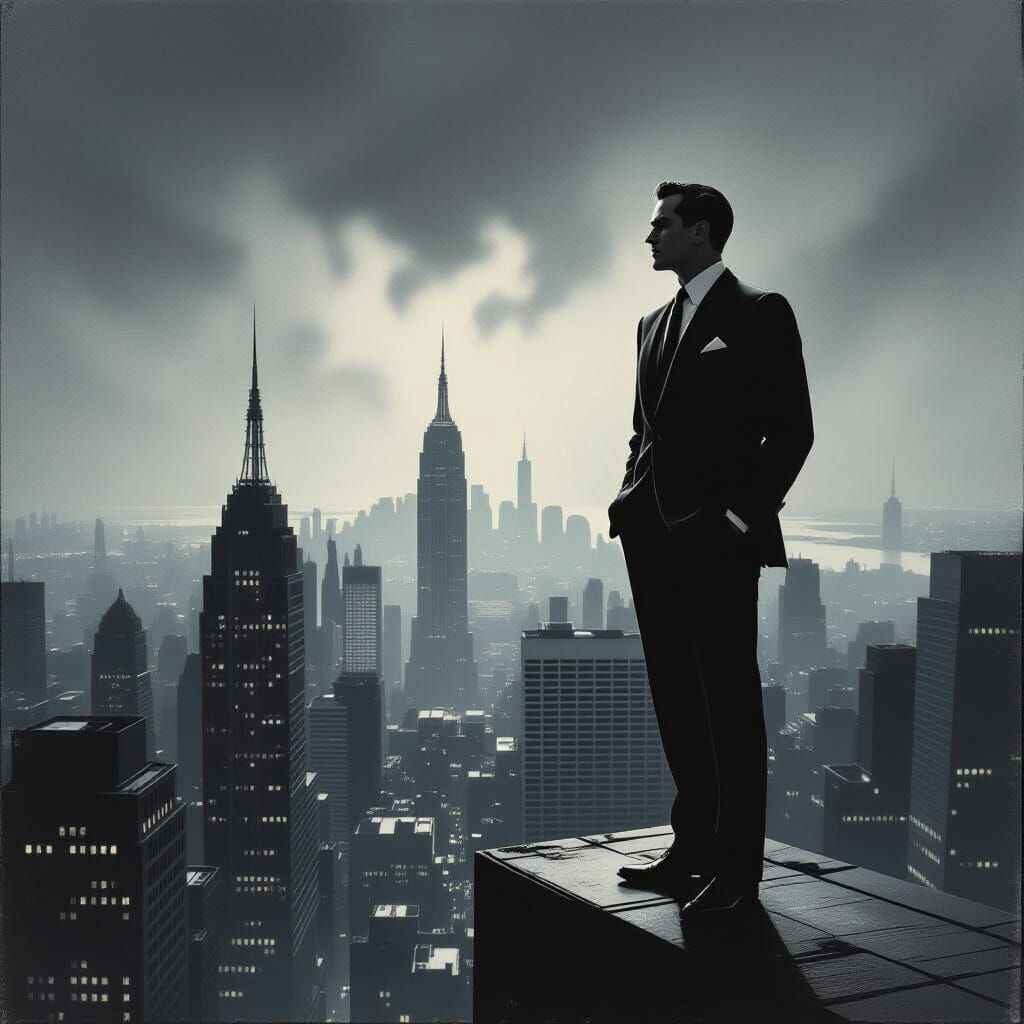 Noir-Inspired Vertigo: Man on Skyscraper Edge