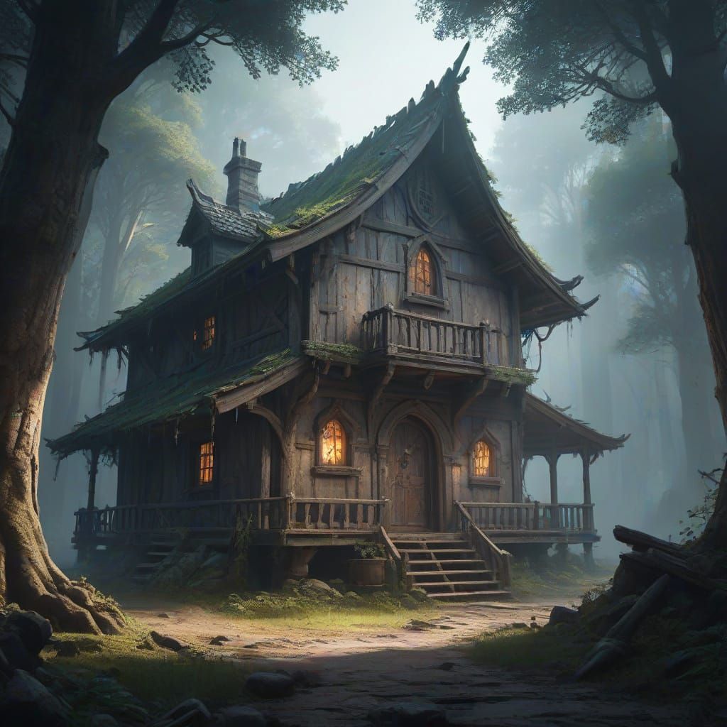 Knight Guards Crumbling Cabin in Enchanted Forest