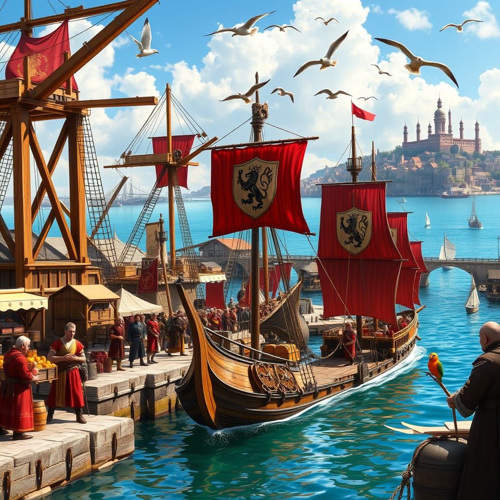 Vibrant Medieval Maritime Trade Hub in Sunlit Bustling Harbo...