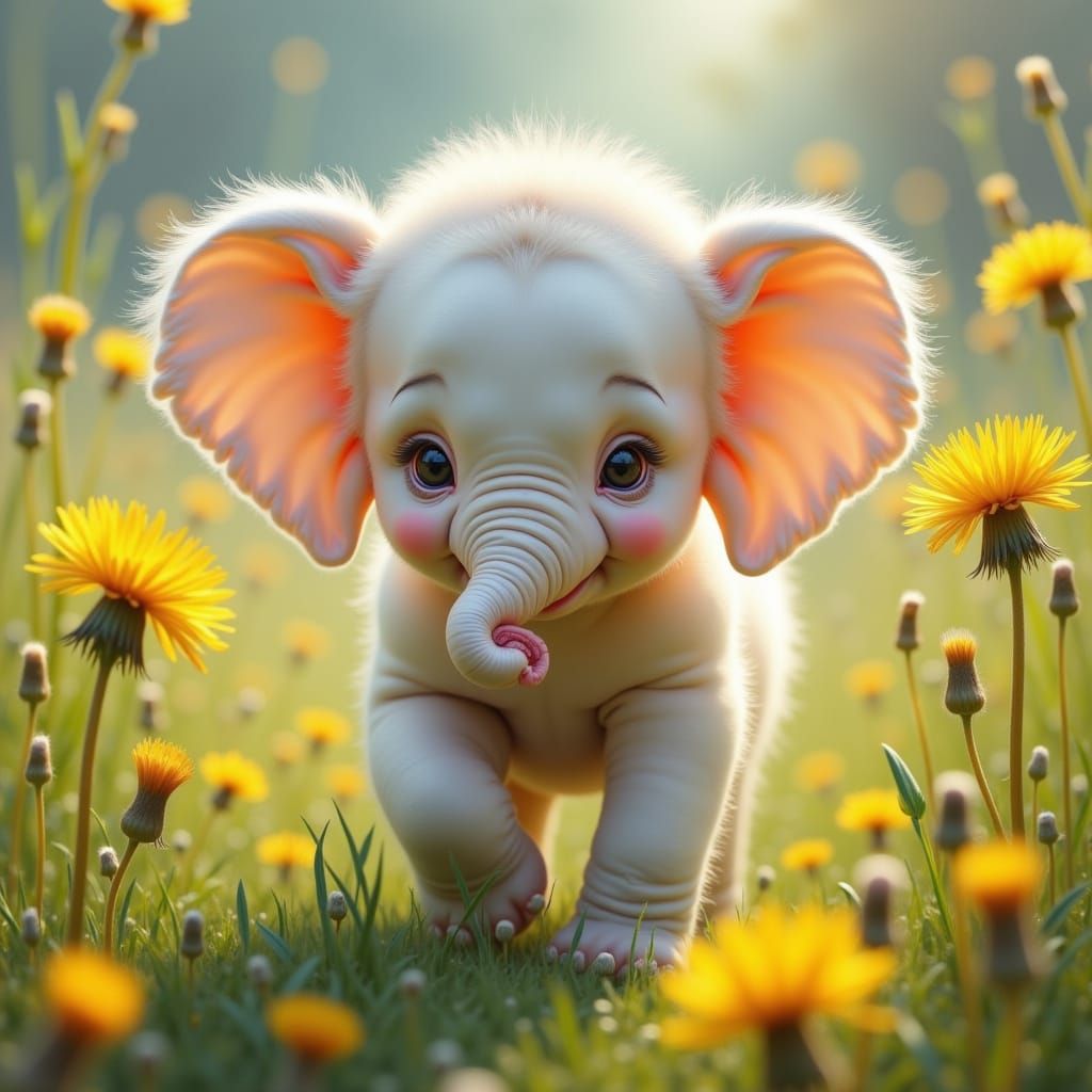 Playful Elephant Cub in Dandelion Meadow