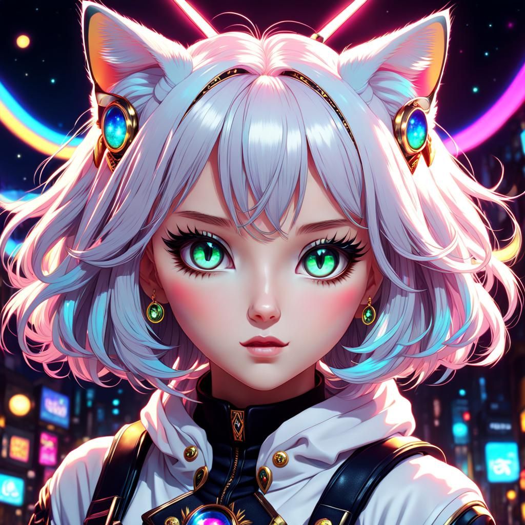 Anime Cat-Eared Girl with Luminescent Eyes