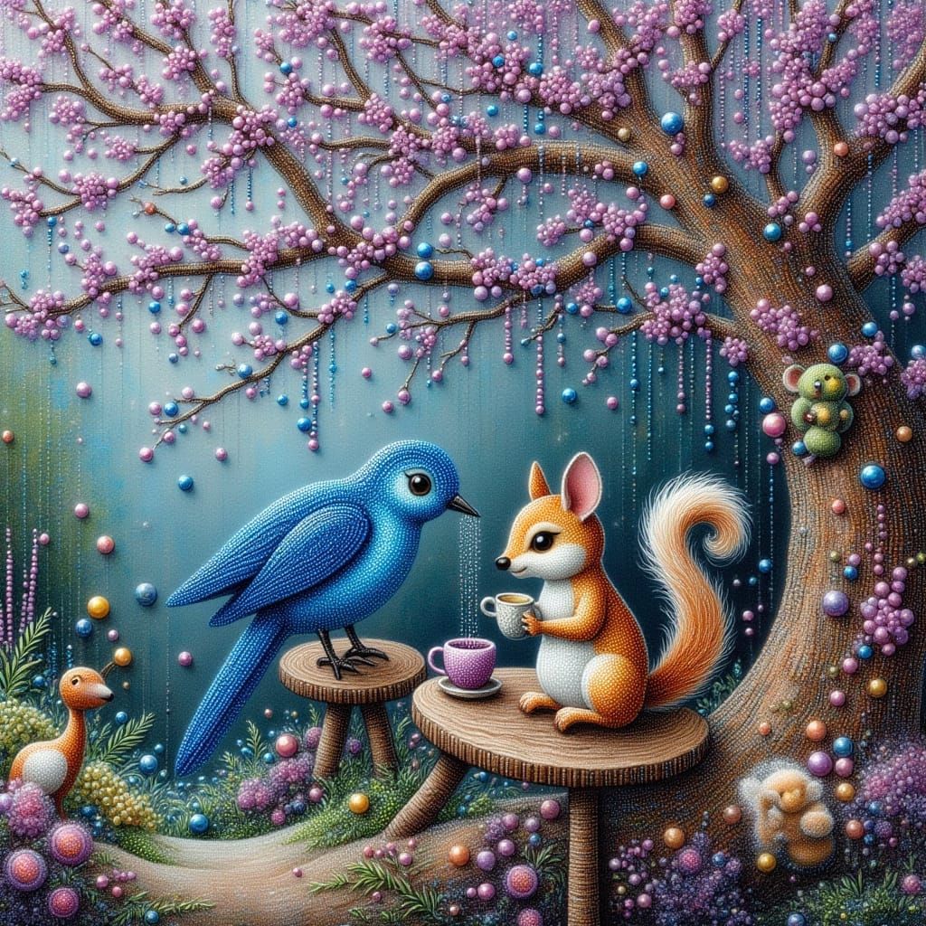 Beaded Bluebird Cafe Inside a Glittering Bead Tree