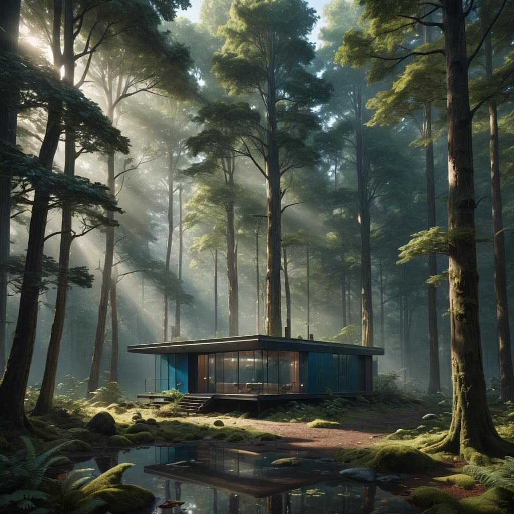 Futuristic Cabin in Forest: Hyper-Realistic Matte Painting