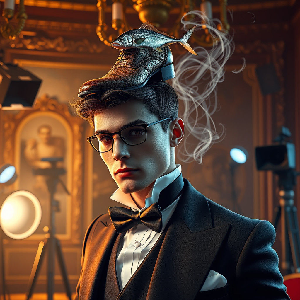 Fashionable Model with Sardine in Surreal Setting