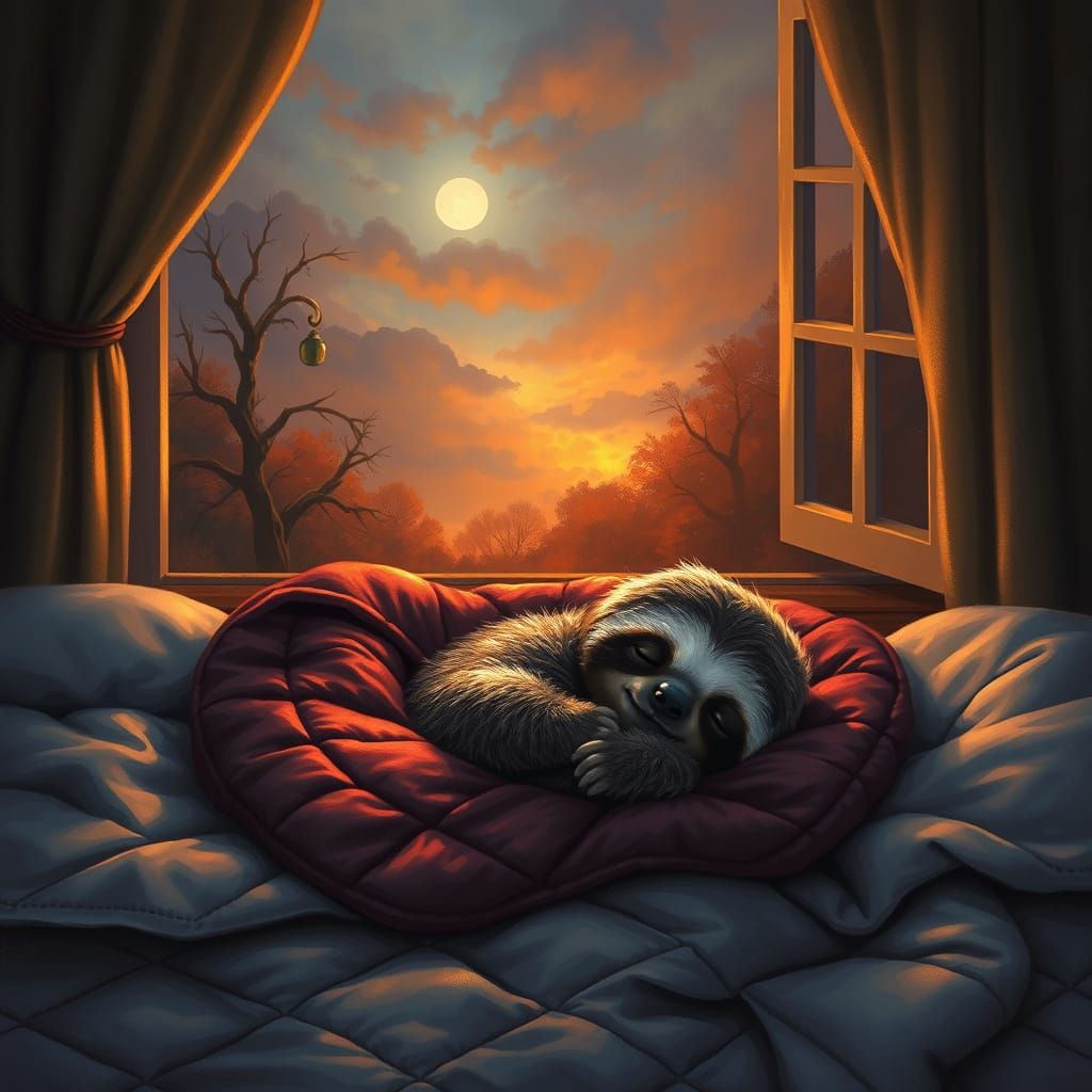 Cozy Sloth Sleeping in Quilted Blanket, Juggel Glows Outside