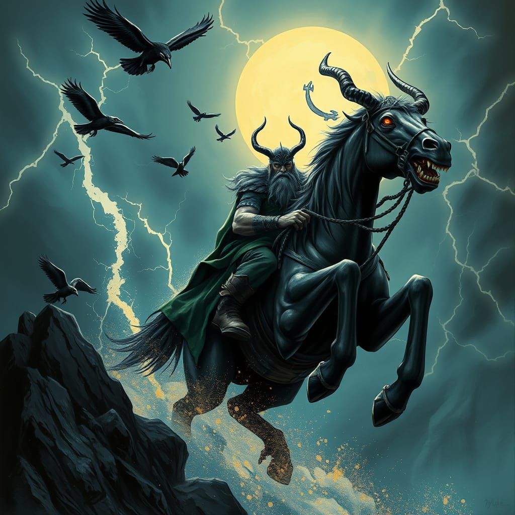 Grim Norse God Rides Thunderous Horse Through Dark Fantasy S...