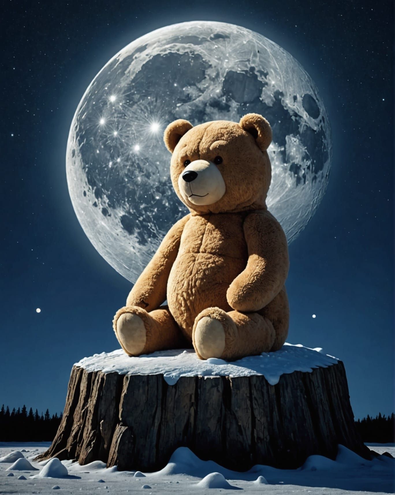Teddy Bear on Melting Moon in Dreamy Sky