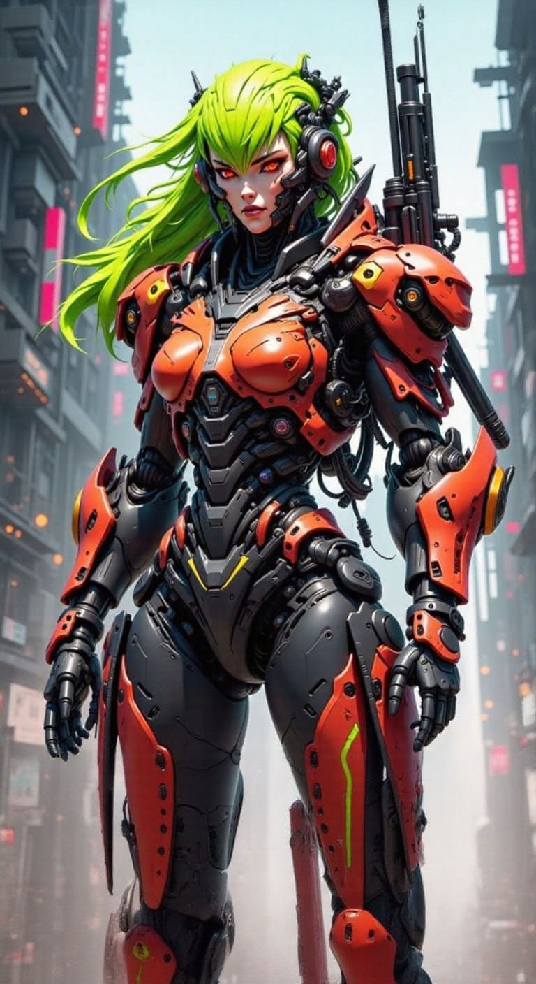 Cyborg Woman in Futuristic Armor, Full Body Portrait