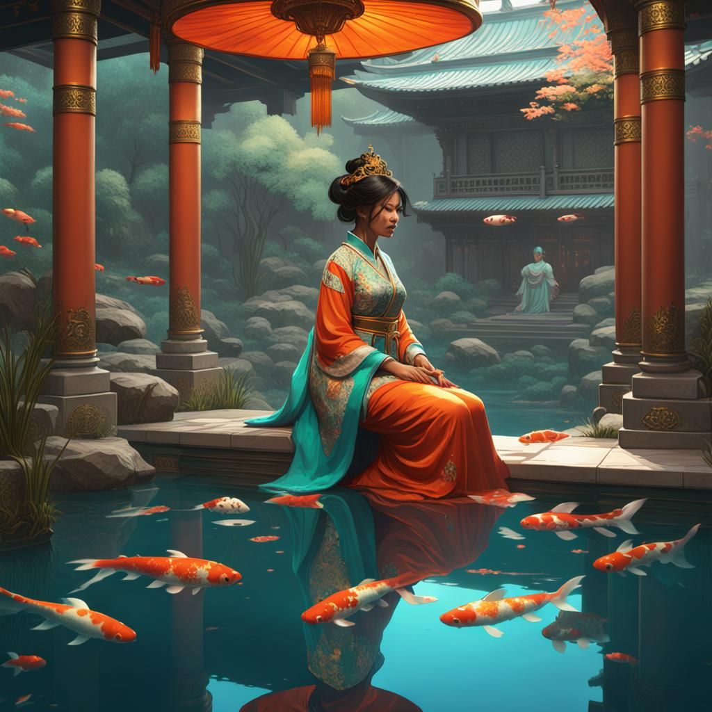Empress and Koi: Art Nouveau Dynasty Scene
