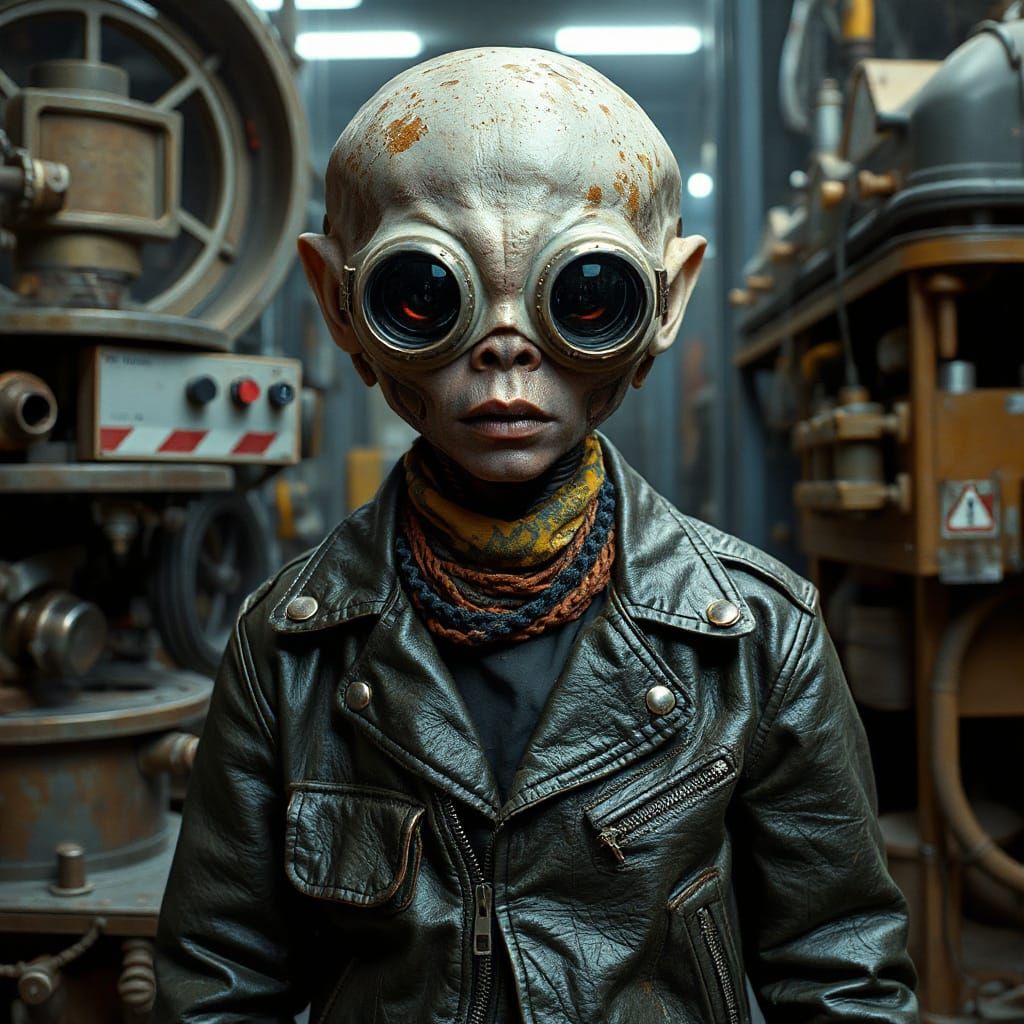 Dieselpunk Alien Amidst Industrial Machinery