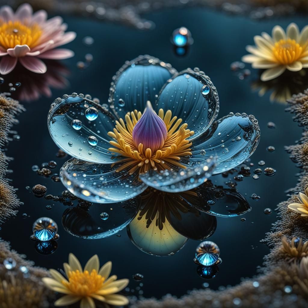 Bioluminescent Flower Reflected in Diamond Water Drop
