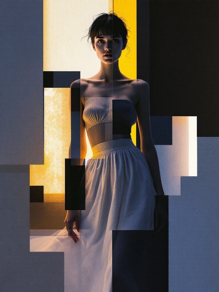 Cubist Figure in Light, Woodblock Print Style