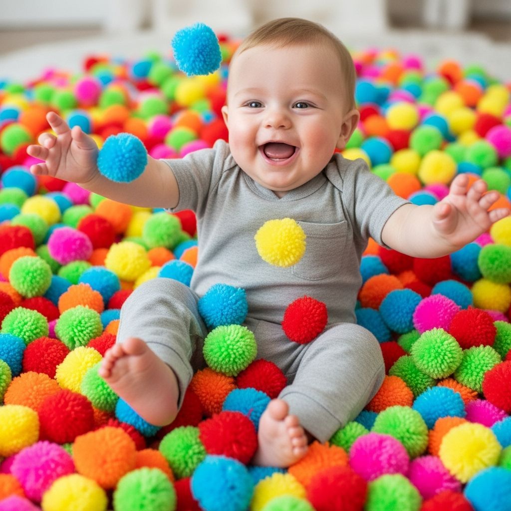 Joyful Baby Falling onto Colorful Pom-Poms