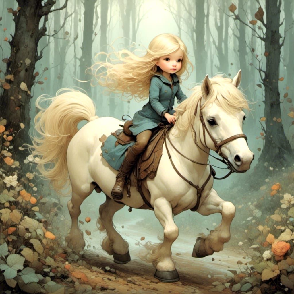 Blond Girl Rides Miniature Horse in Woods