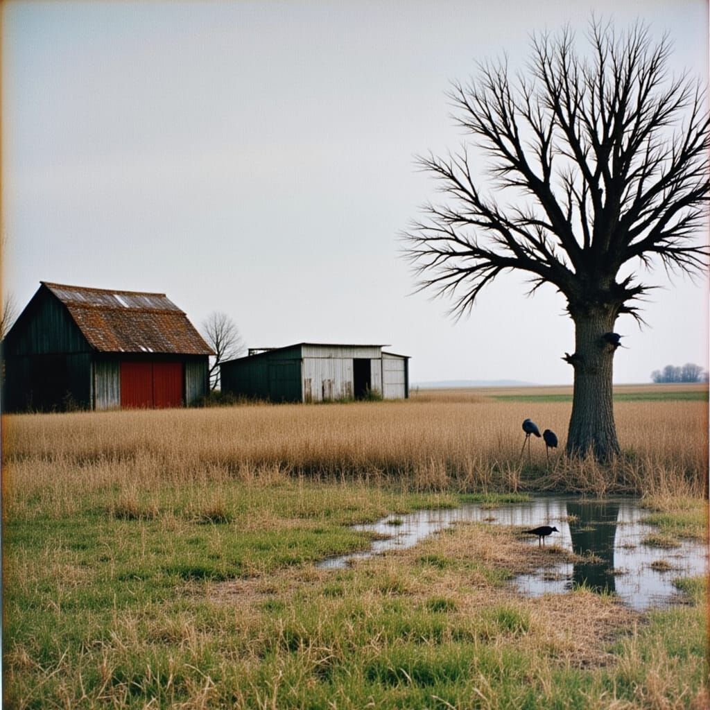 Tree and Birds Collage in Rural Landscape