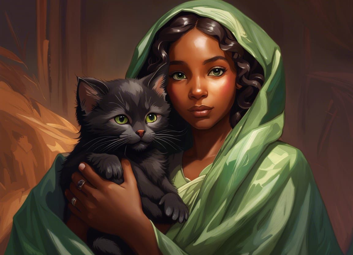 Cute Girl with Kitten, Art Nouveau Portrait