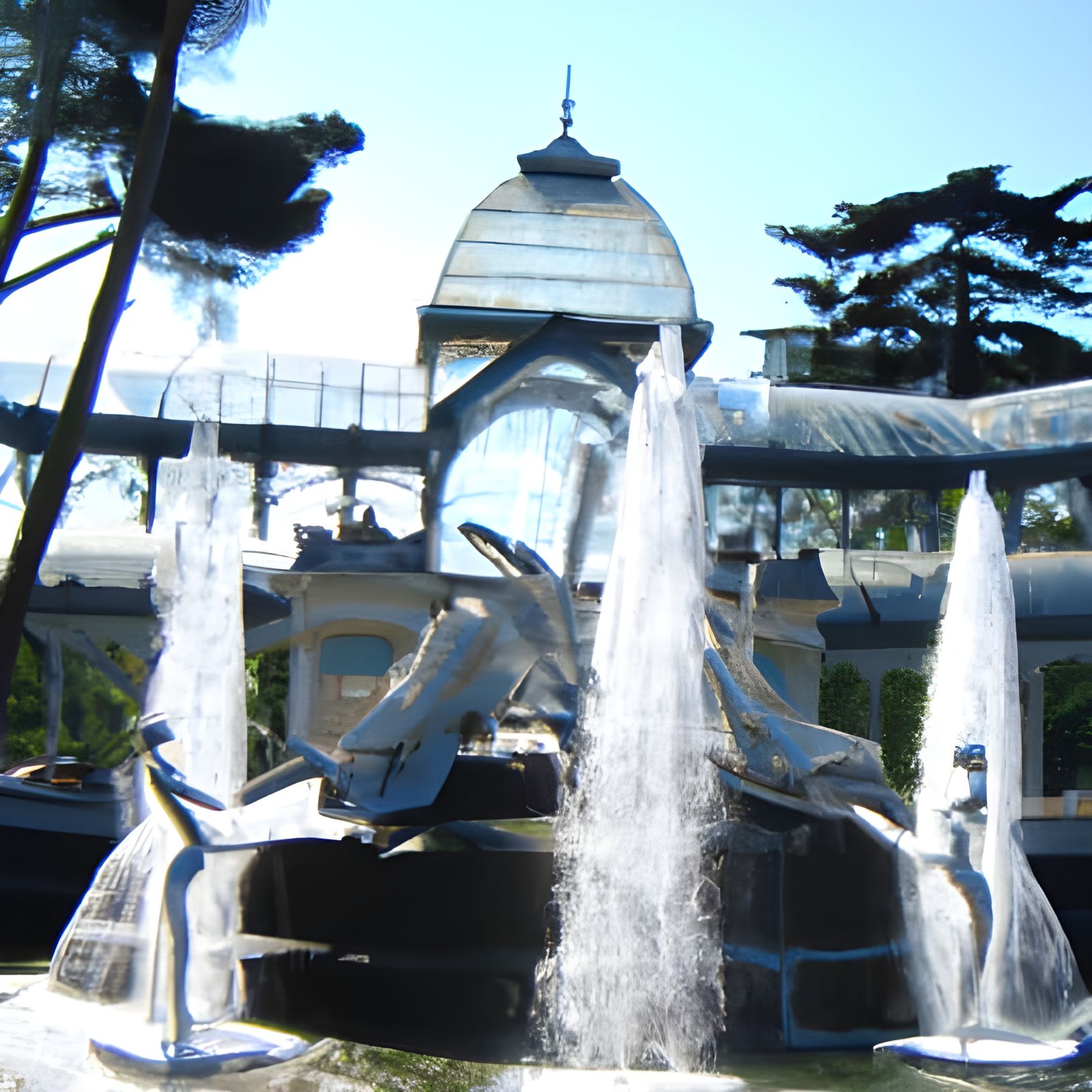 Futuristic Crystal Palace with Fountains and Maidens