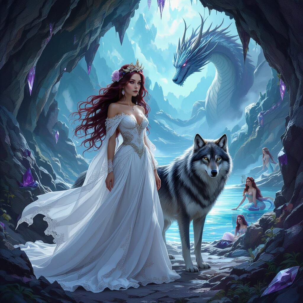 Regal Queen and Wolf in Crystal Cave