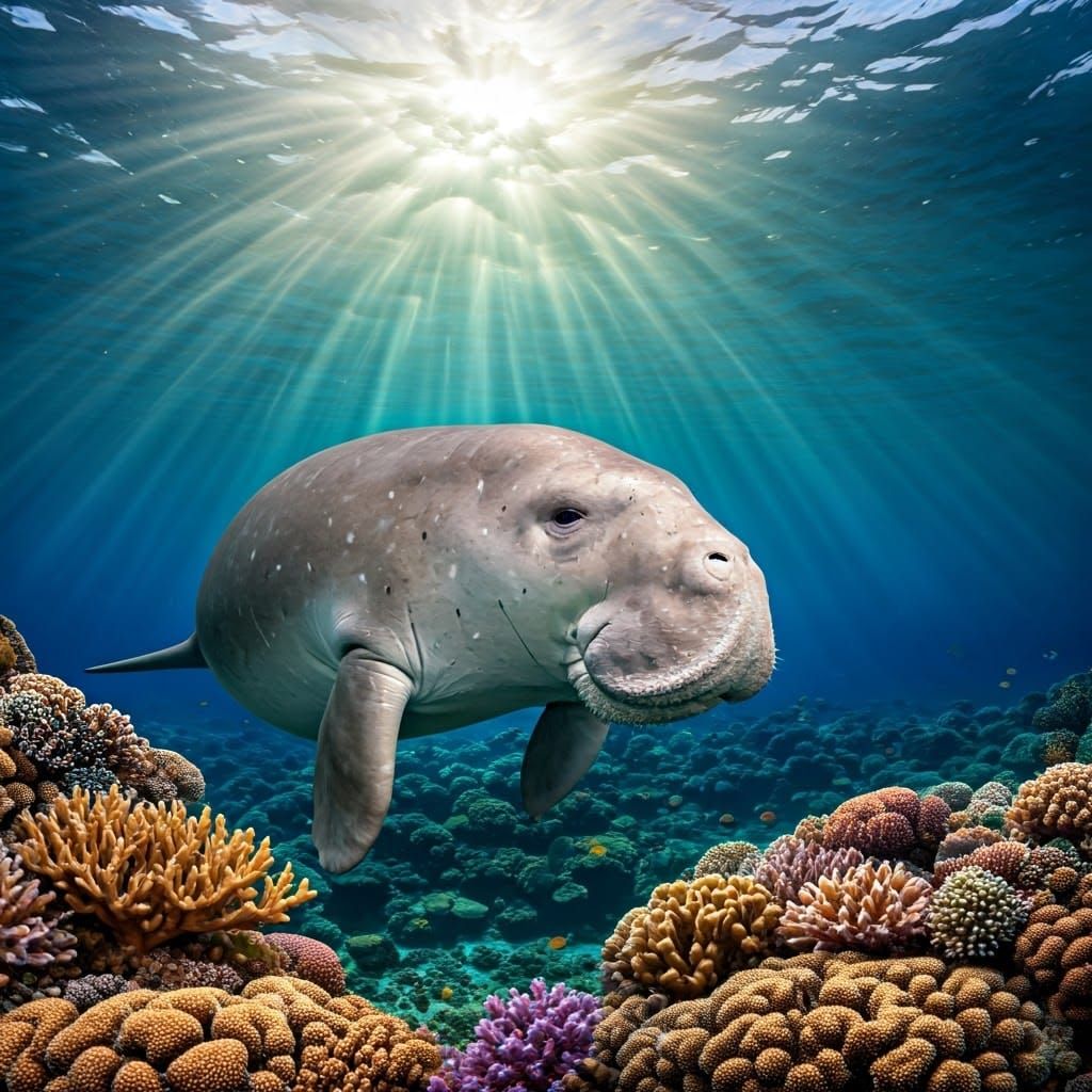 Dugong in the Indian Ocean with Sunrays