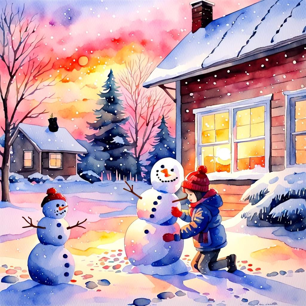 Child Building Snowman: Watercolor Sunset Scene