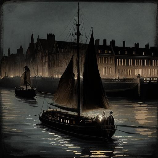 Steampunk Boat on Thames in Ink Painting Style