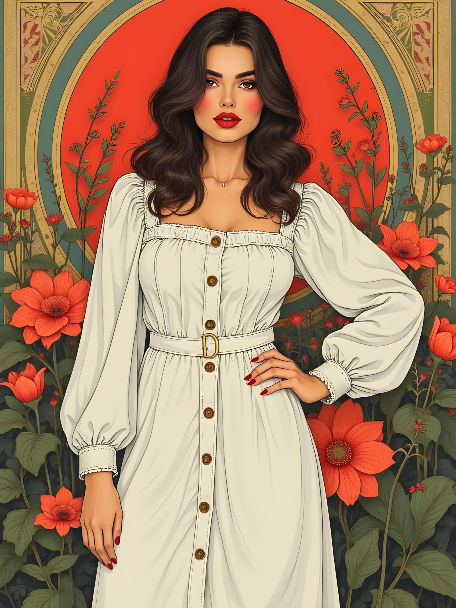 Curvy Woman in Denim Dress, Art Nouveau Style