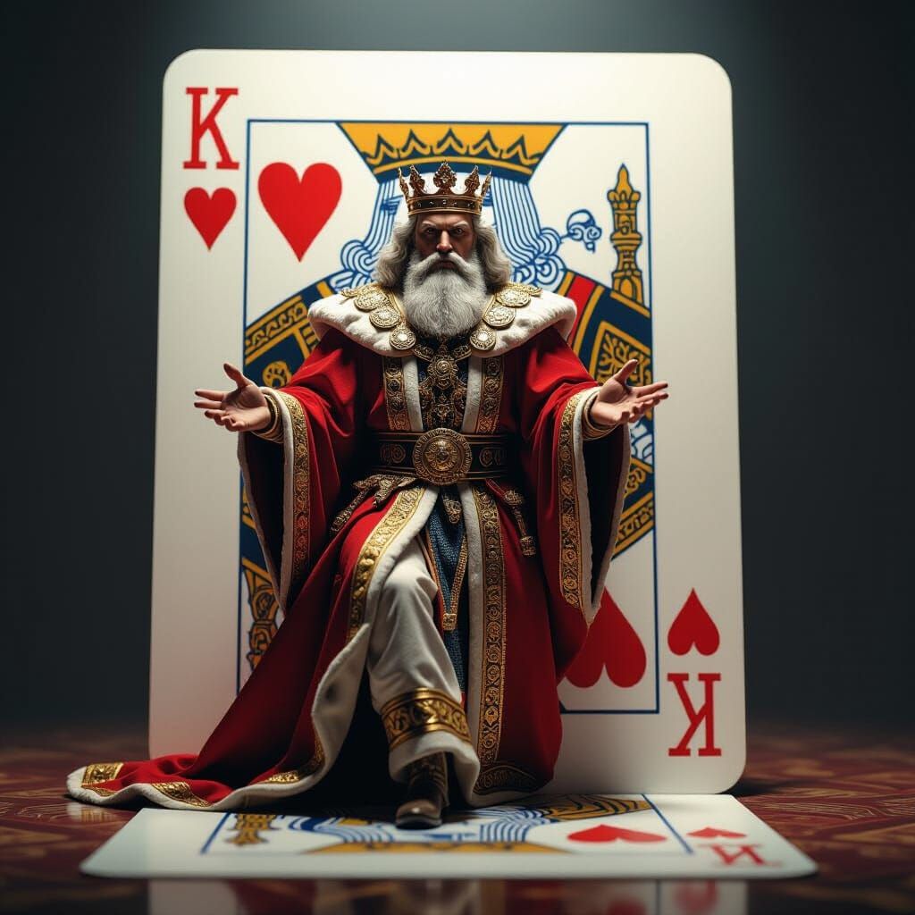 Regal King Emerges from Giant Playing Card