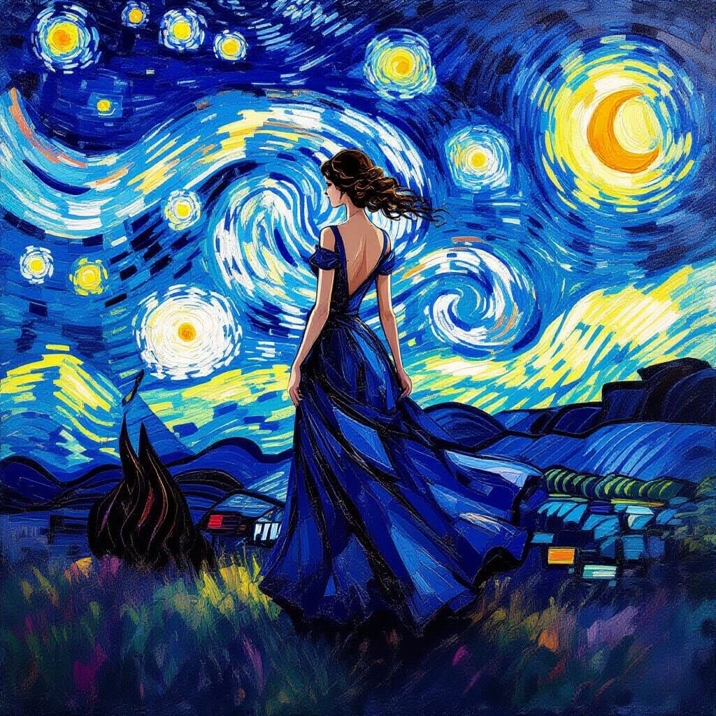Night Goddess in Blue Dress, Neo-Impressionist Style