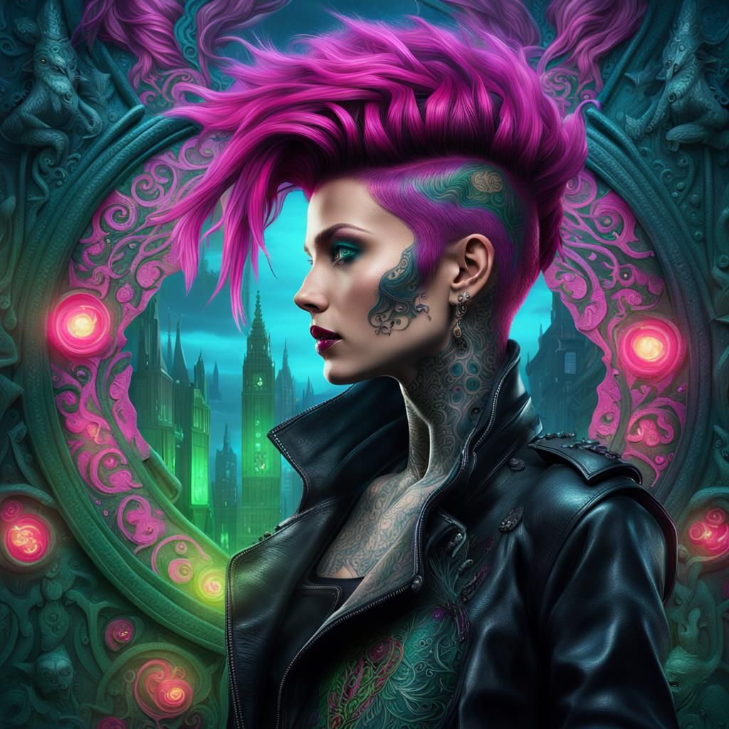 Fantasy Portrait of Punk Woman in Leather Coat