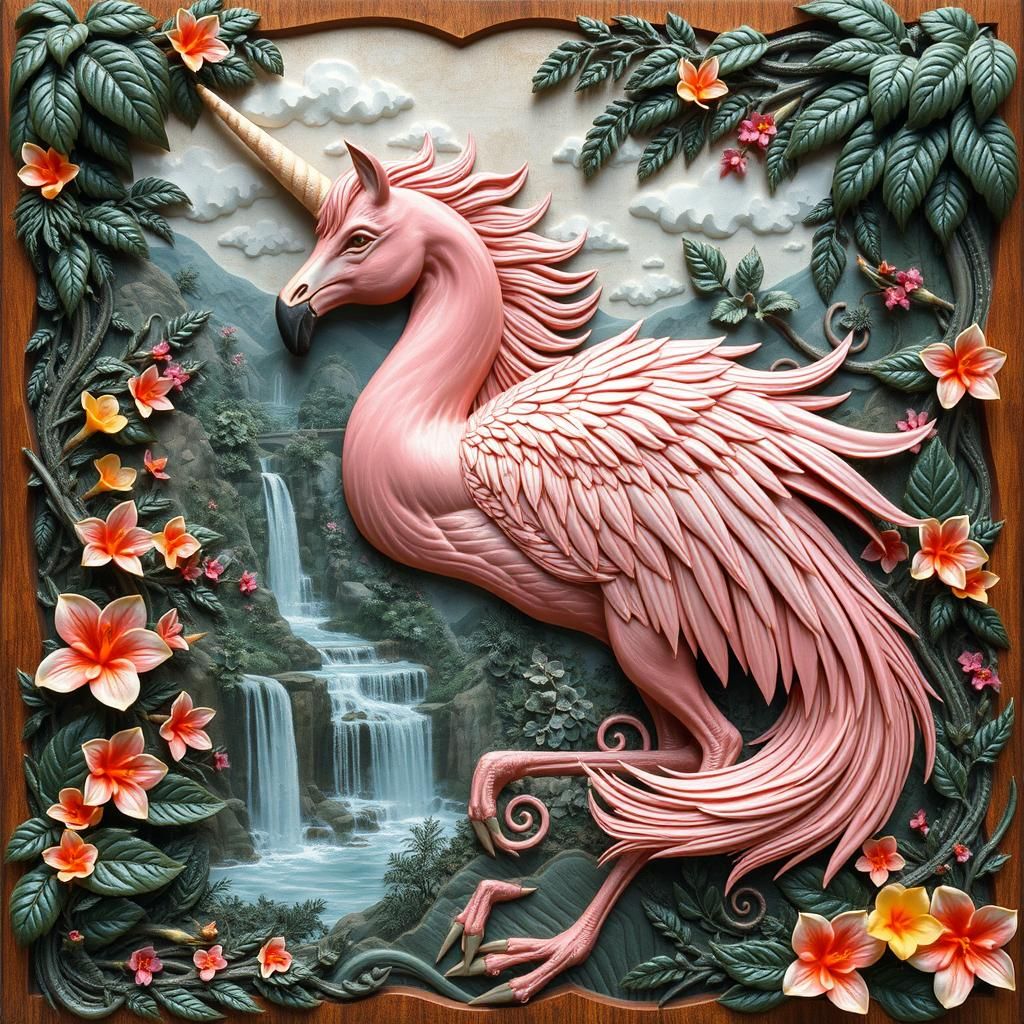 Flamingo Unicorn Wood Carving in Fantasy Style
