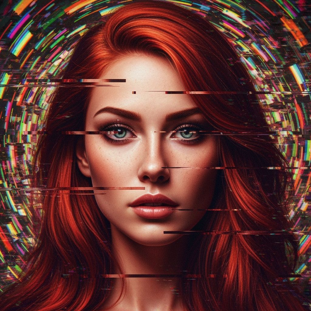 Distorted Digital Portrait of a Woman with Radio Wave Noise