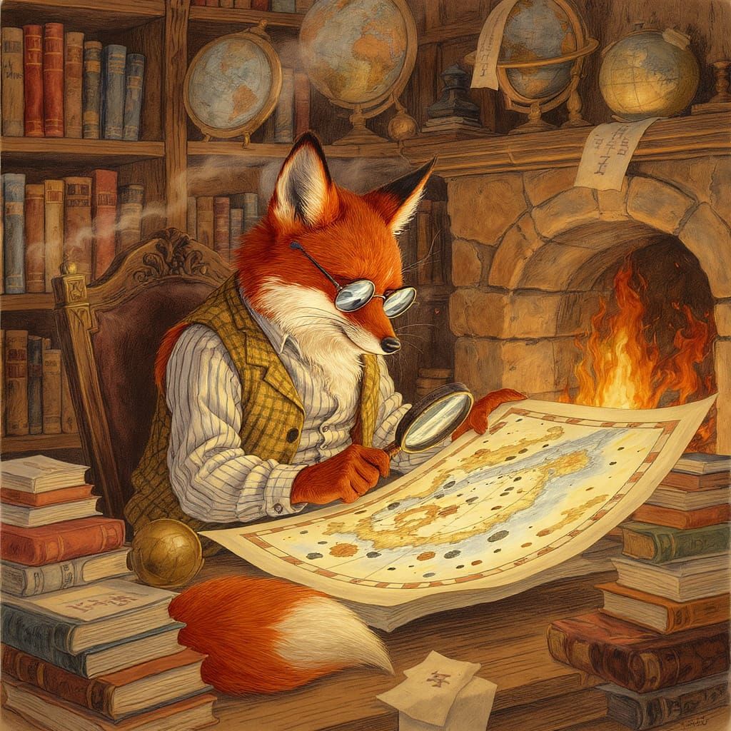 A Wise Fox Examining a Celestial Map