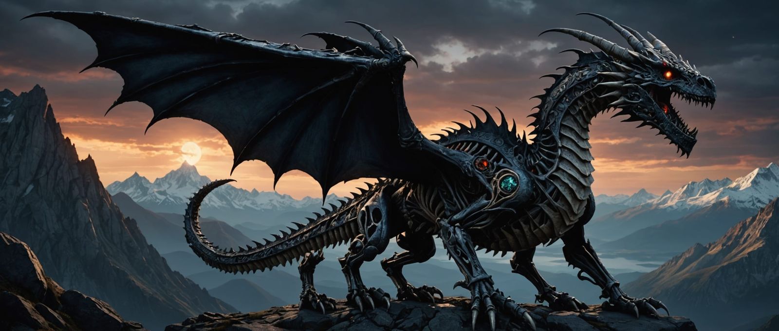 Dragon Skeleton Soaring Over Mountain: Gothic Dark Fantasy