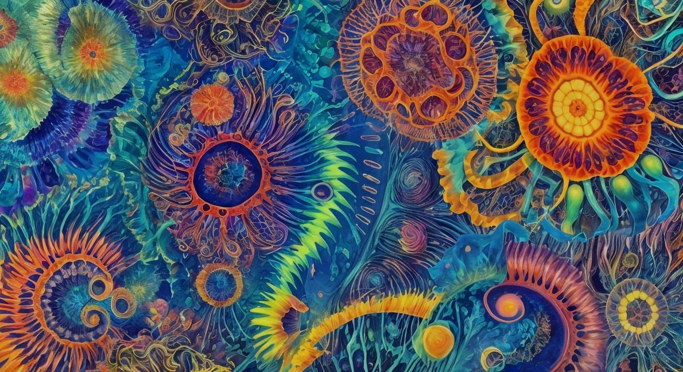 Surrealist Kaleidoscopic Jellyfish and Anemones in Deep Blue...