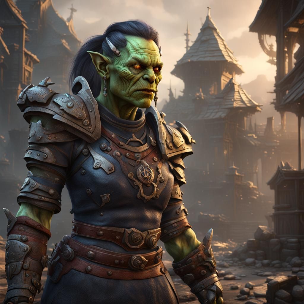 Female Orc Cyborg Housemaid in Detailed Matte Painting