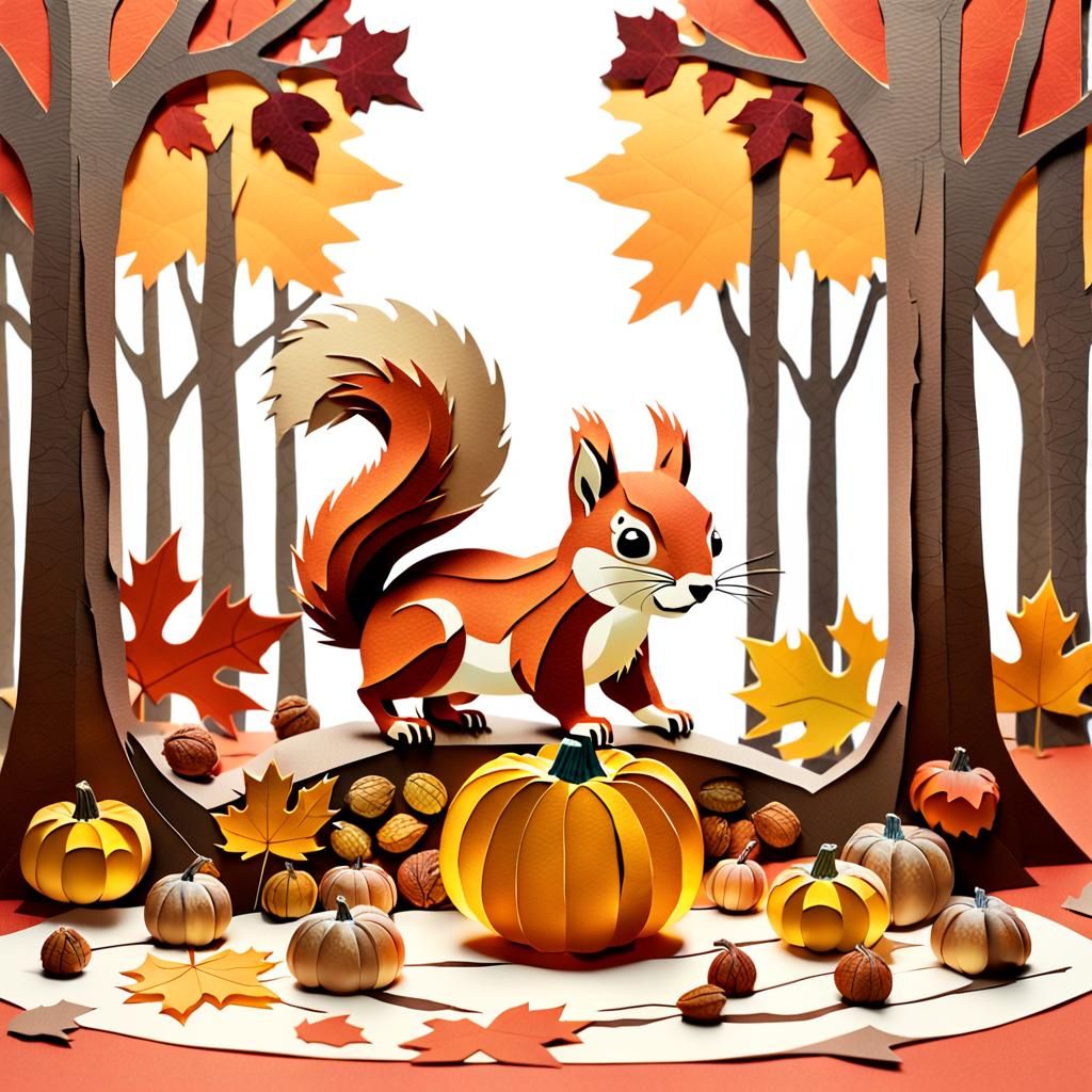 Whimsical Paper Collage of Squirrel Gathering Nuts