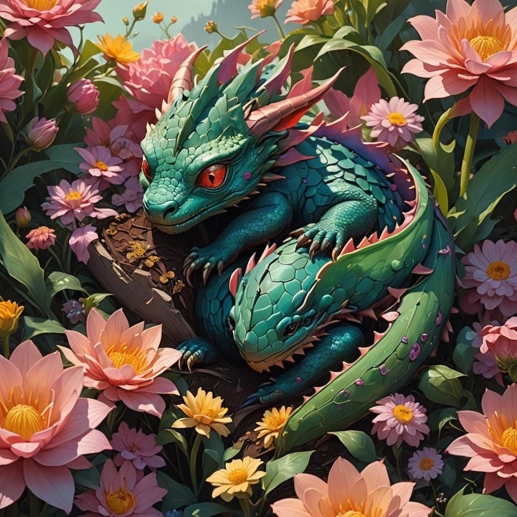 Sleeping Dragon in Flower: Fantasy Concept Art