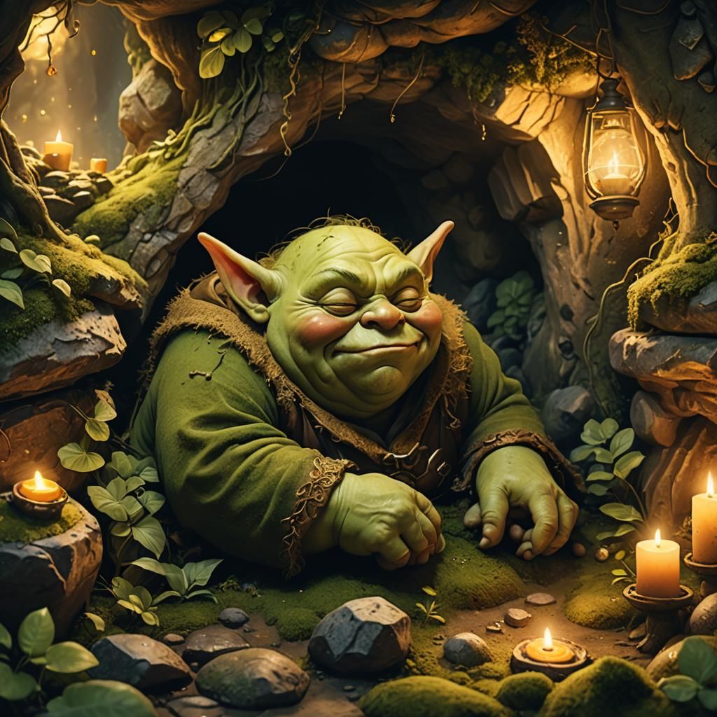 Sleeping Goblin in Cave: Whimsical Fantasy Art