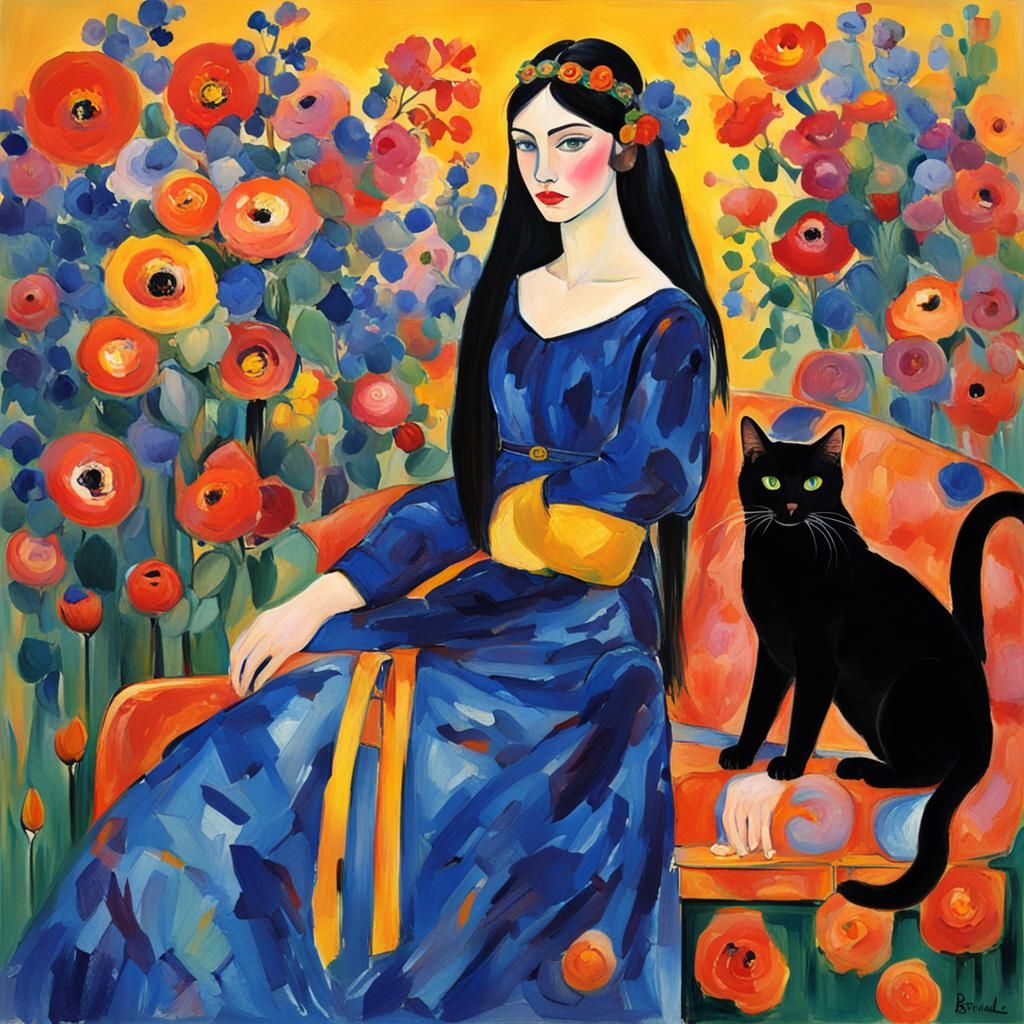 Brunhilde with Black Cat in Fauvism Style