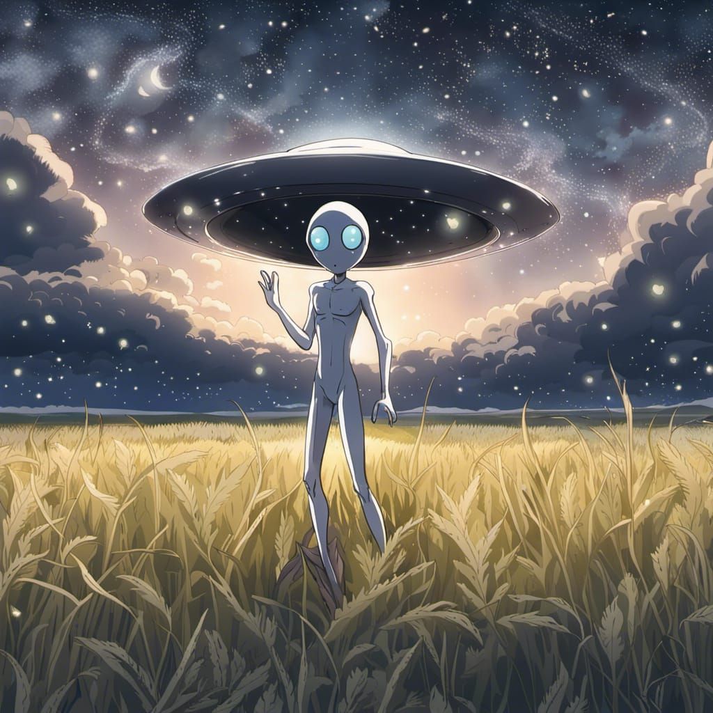 Friendly Alien Waving Hello in Anime Style