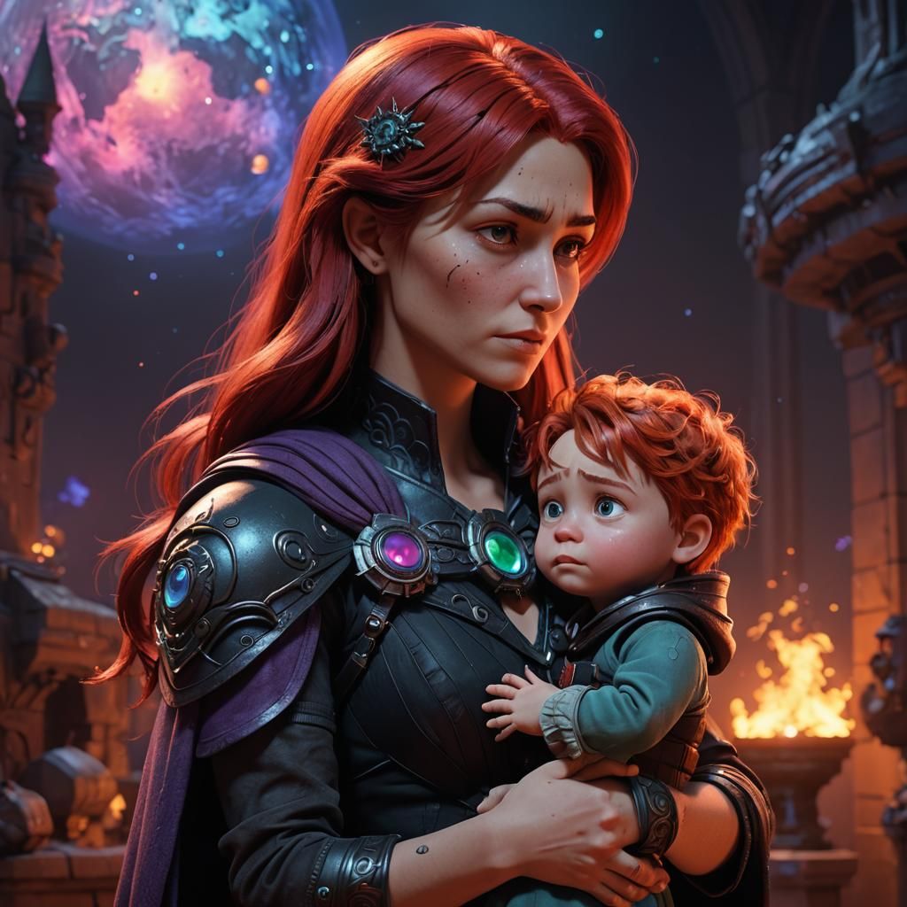 Morrigan AI with Child Contemplates Heat Death