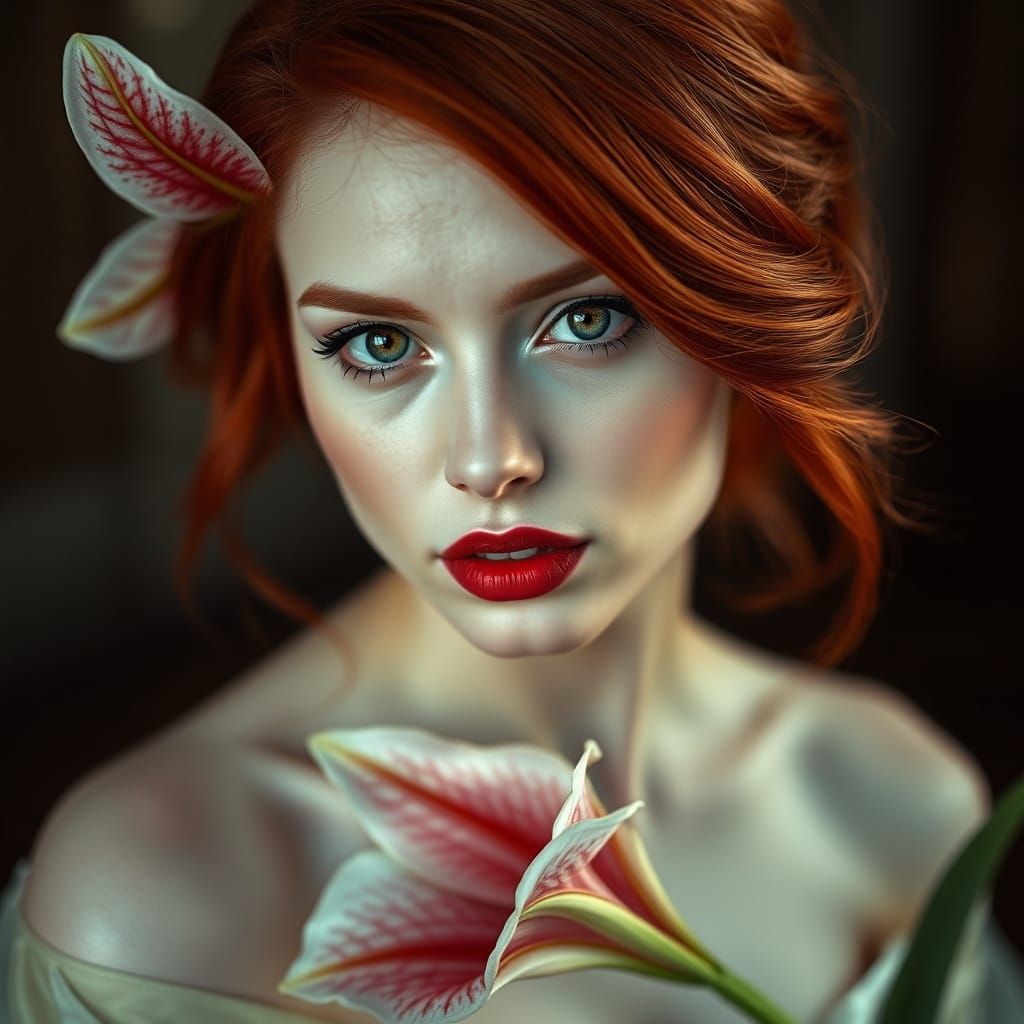 Hyper-Realistic Beauty with Red Locks and Defined Lips